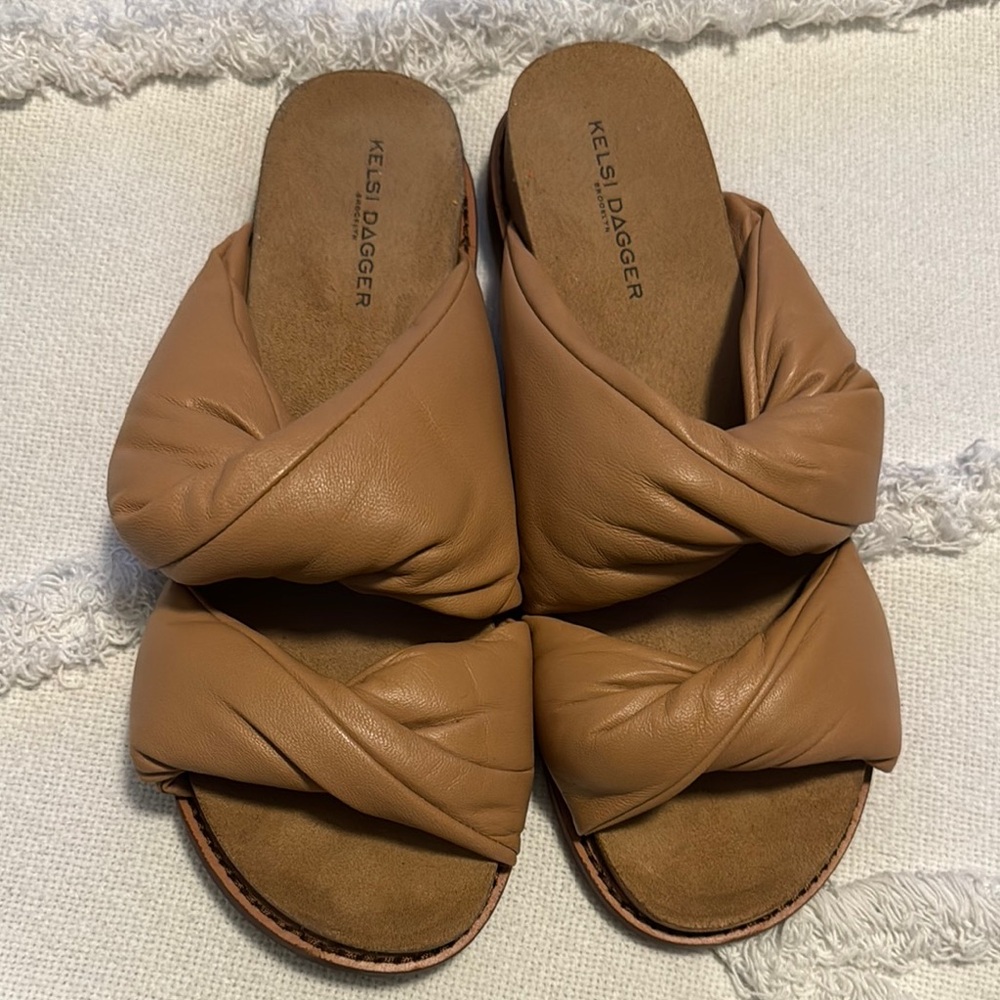 Kelsi Dagger Tan Mules with Knotted Strap